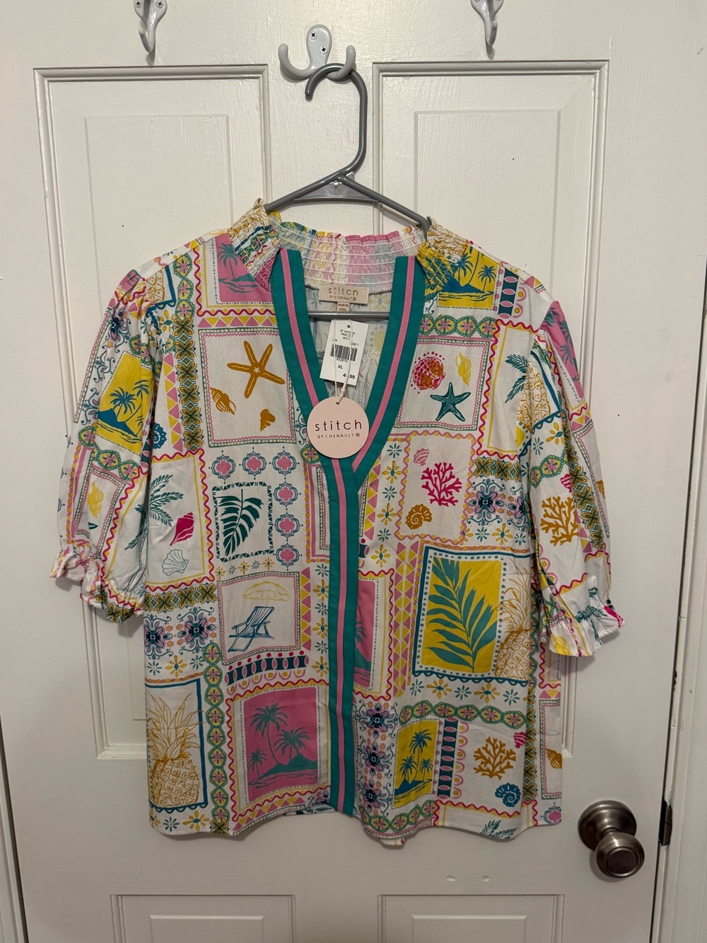Stitch by Chennault Tropical Patchwork V-Neck Blouse - White Multi